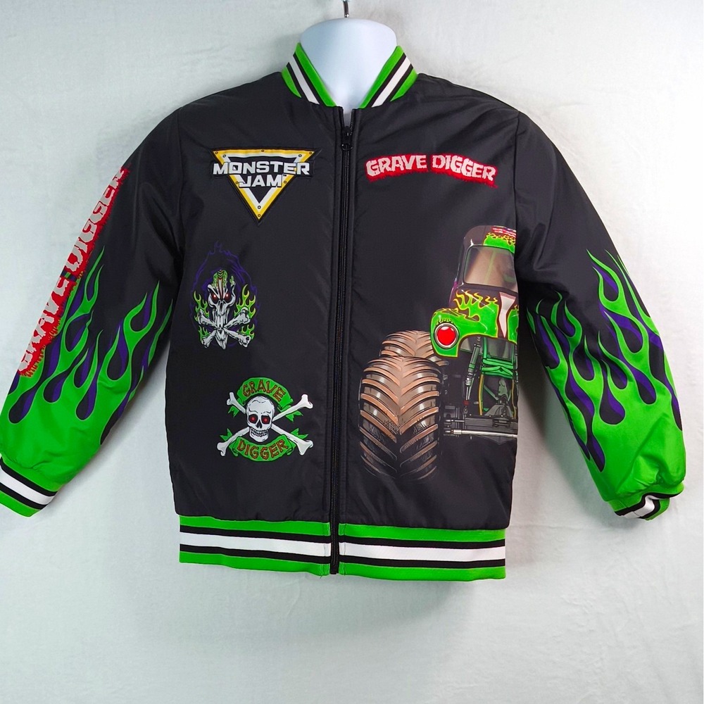 Monster Jam Grave Digger Boys' Bomber Jacket Insulated Lined Full Zip Size 10
